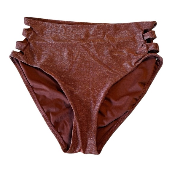 Bar III Shimmer Core Sparkly Brown Hip Slash Cutout High-Waisted Bikini Bottoms - Picture 4 of 15